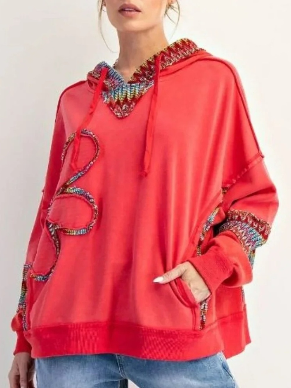 New Easel Poppy Red Daisy Patch Terry Hoodie Oversized Washed Pullover Small - Picture 3 of 5